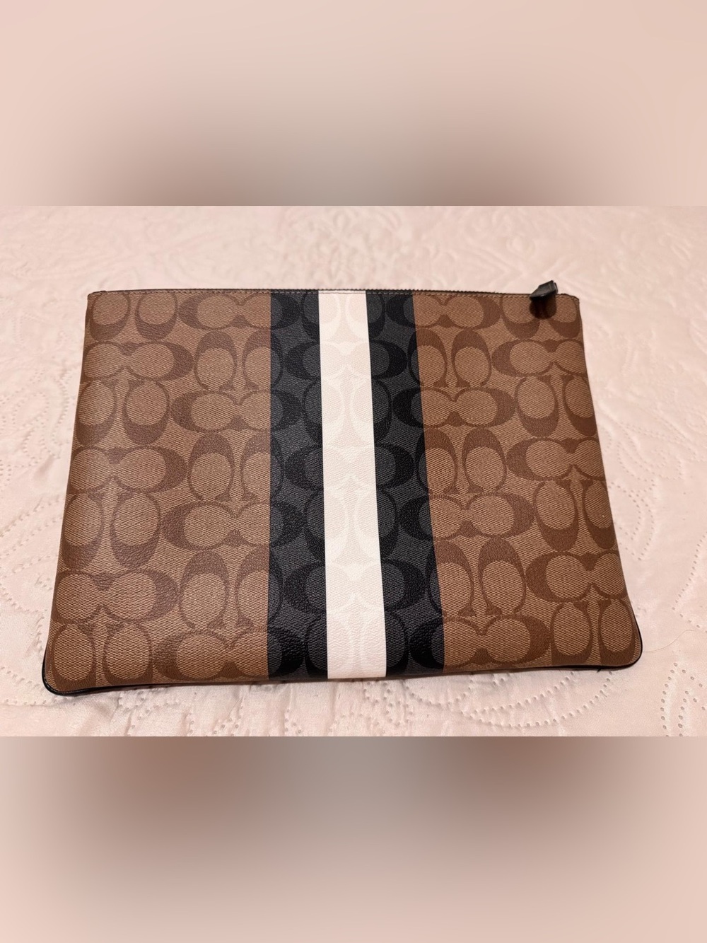 Coach Signature Canvas Stripe Clutch in Brown, Black & White